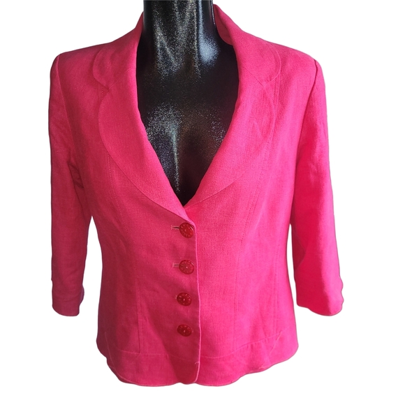 Laura Petites Dark Pink Linen Blend Cropped Sleeve Blazer 8 - Picture 1 of 6